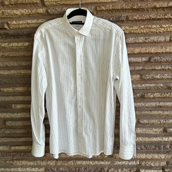 Dolce & Gabbana White with Subtle Brown Stripe Spread Collar Dress Shirt - Picture 8 of 8